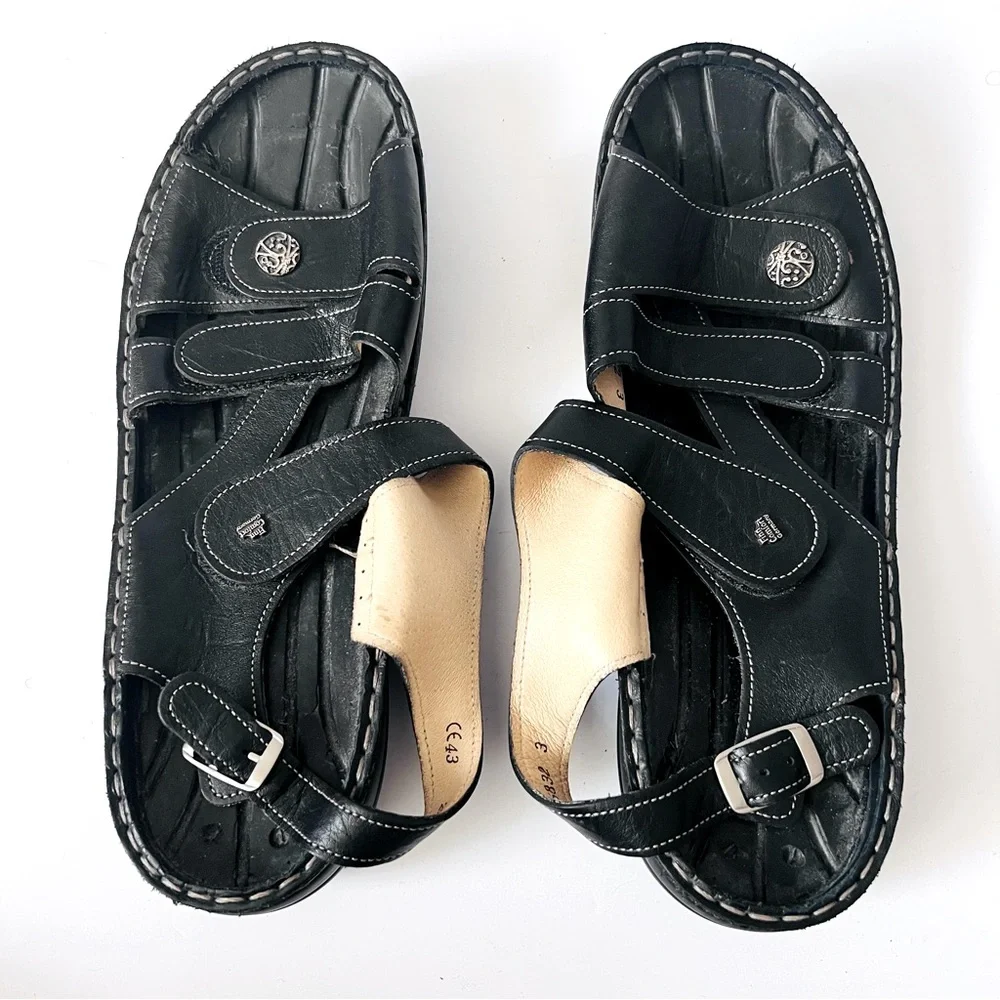 Finn Comfort BLK Leather Sandals NO INSOLES SZ 43/9.5 Comfy Grandpa Hipster Boho